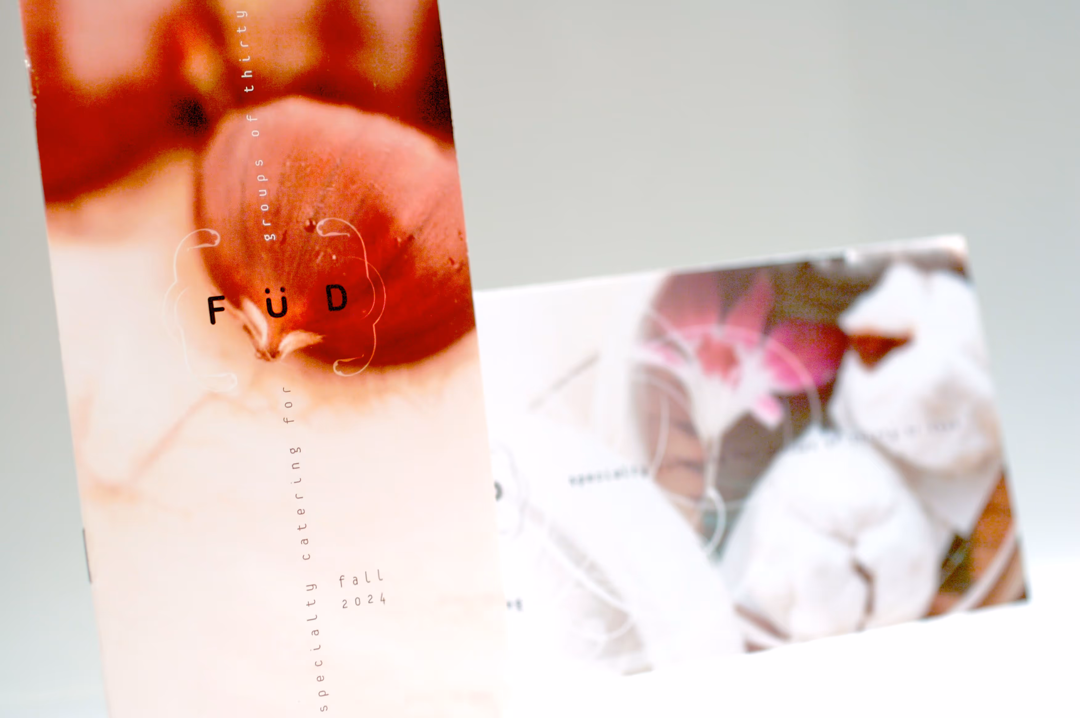 Two FÜD catering menus featuring close-up images of food items with soft focus and minimalist design, fall 2024.