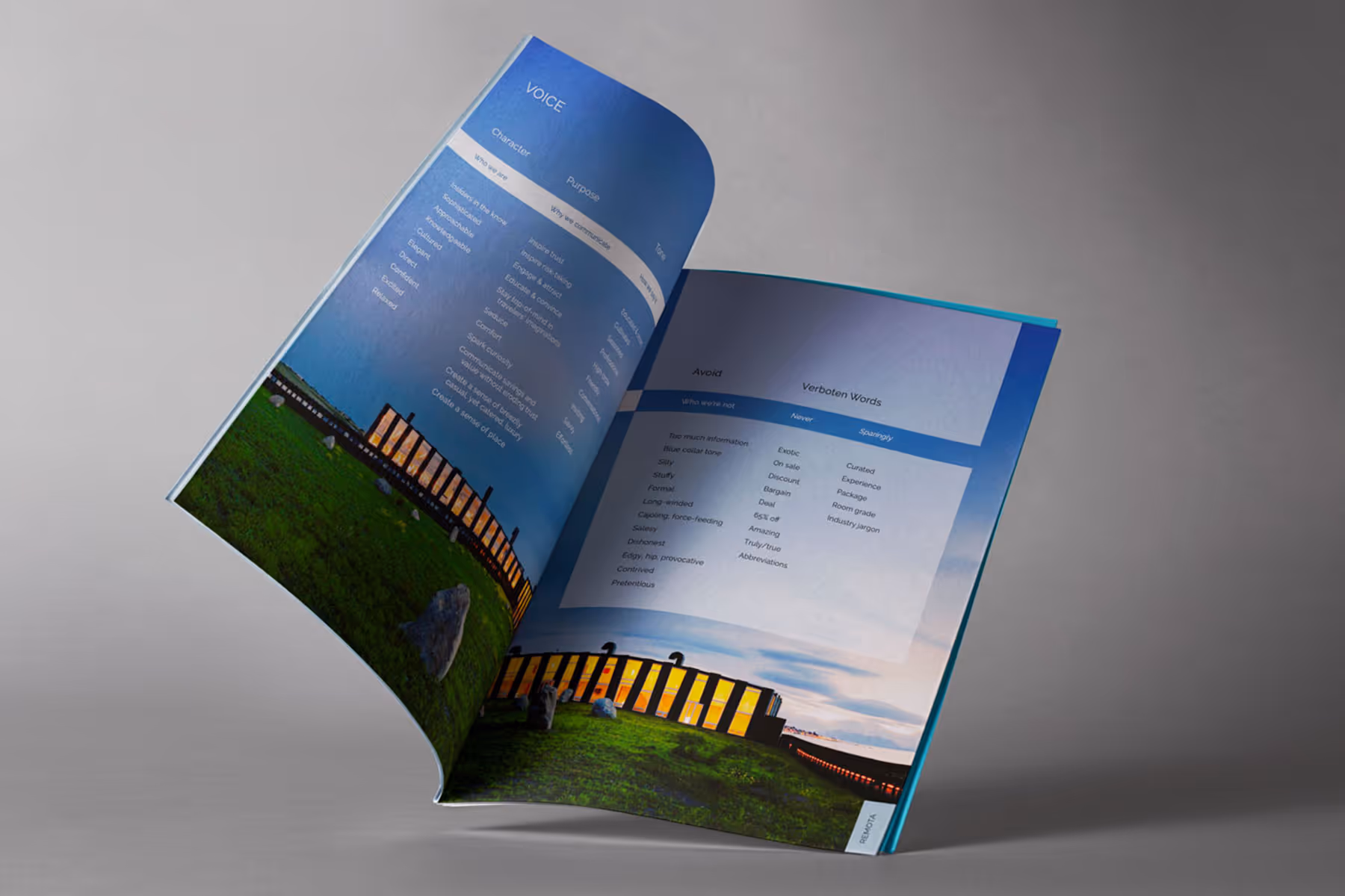 Open magazine displaying a blue page with text about 'VOICE' guidelines and another page listing 'Verboten Words' with a photo of a building on green grass under a cloudy sky.