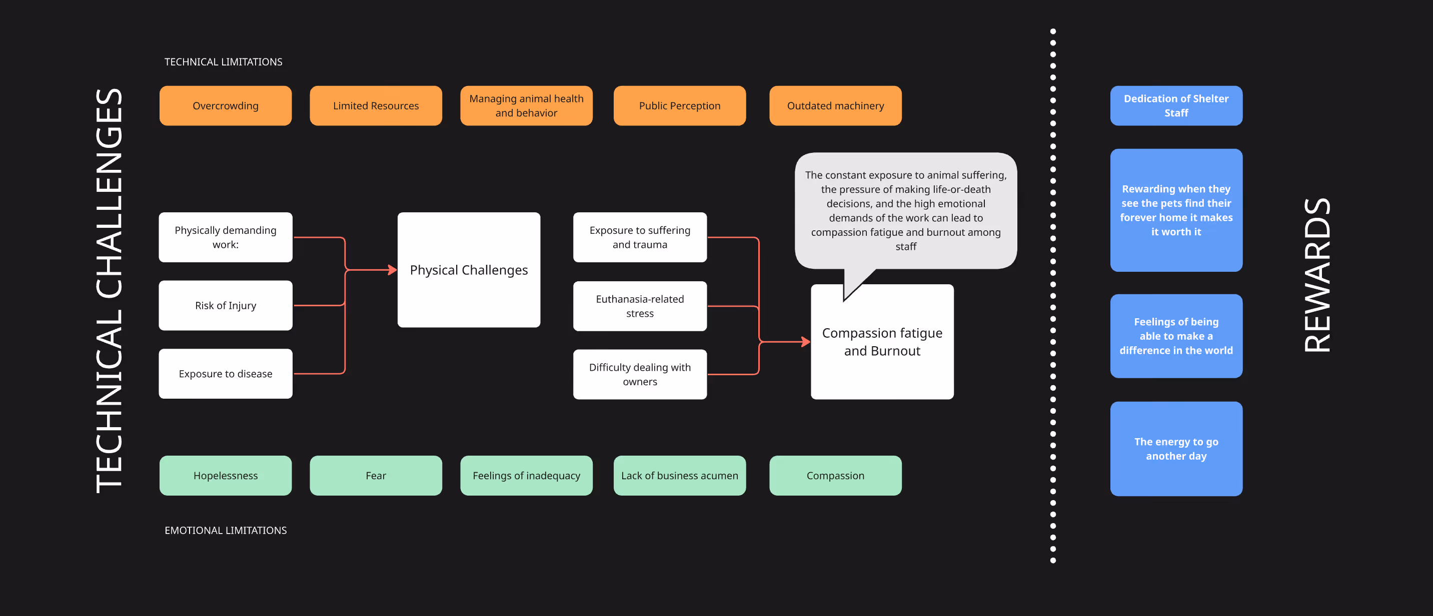 Flowchart depicting technical and emotional challenges in animal shelter work, highlighting overcrowding and limited resources, physical challenges, compassion fatigue, and rewards like staff dedication and feeling of making a difference.