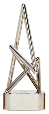 Modern metallic abstract sculpture with angular interconnected rods on a rectangular base.