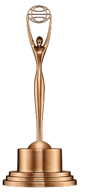 Clio Award trophy in bronze featuring a stylized figure holding a globe above its head.
