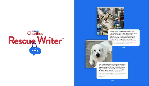 PetSmart Charities Rescue Writer logo on white background and a blue panel showing a cat and a dog with accompanying rescue stories in speech bubbles.