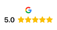 Google logo above a 5.0 rating with five yellow stars in a row.
