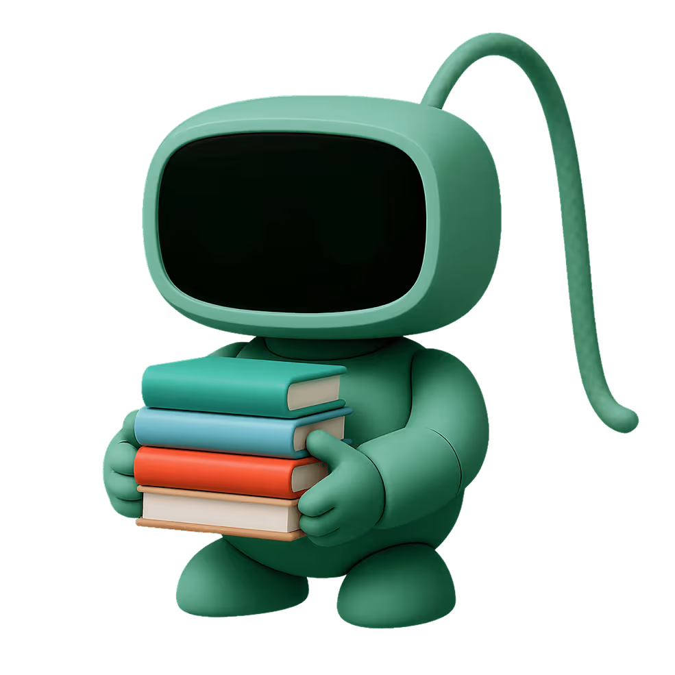 Green robot character holding a stack of four colorful books.