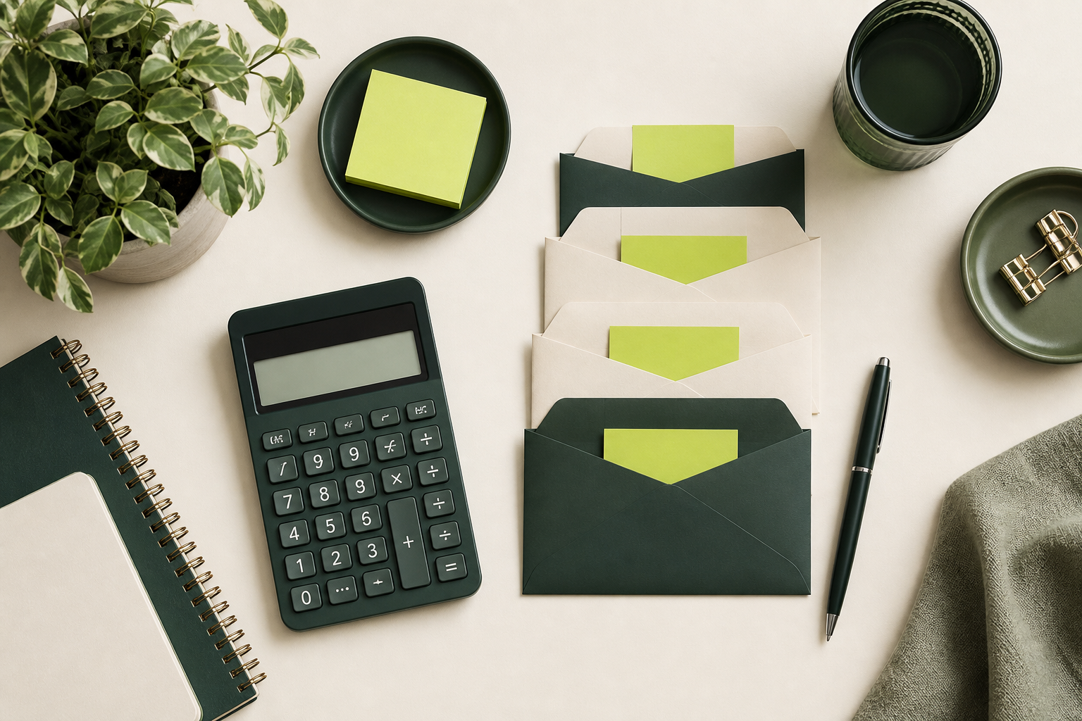 Budget planning tools arranged on a desk