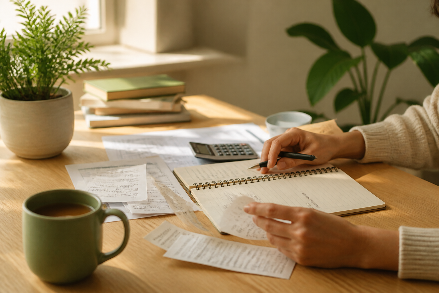 Organizing personal finances at a calm desk