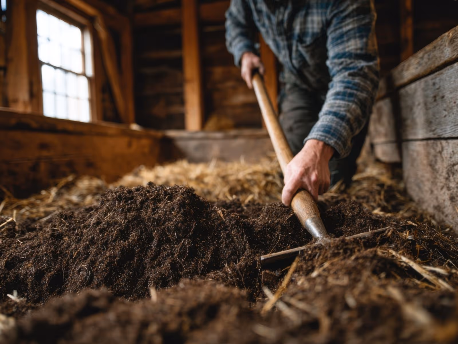 Person raking dark manure or compost in a barn with straw on the ground.