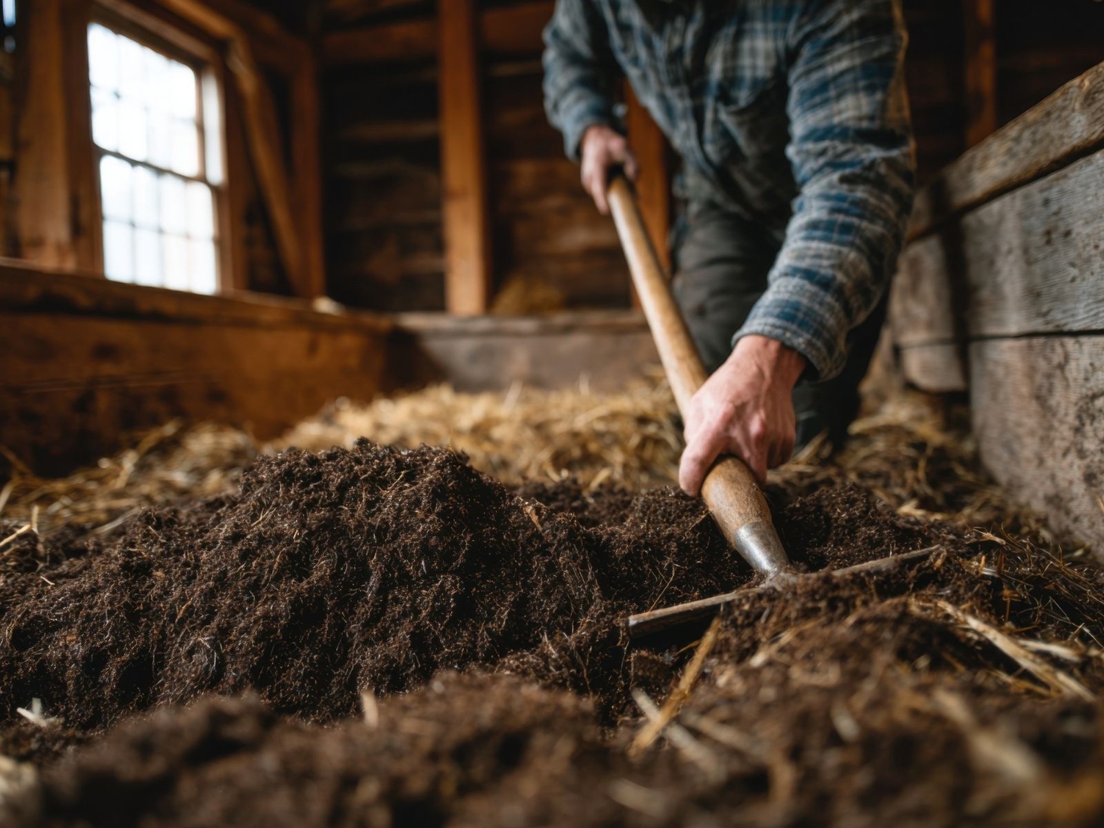Person raking dark manure or compost in a barn with straw on the ground.