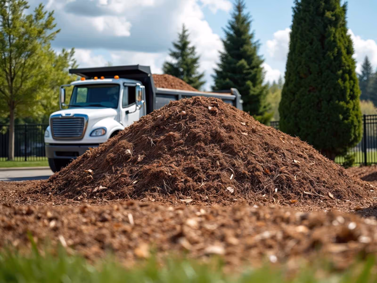 Large pile of brown mulch in front of a white dump truck loaded with more mulch, surrounded by green trees and grass.