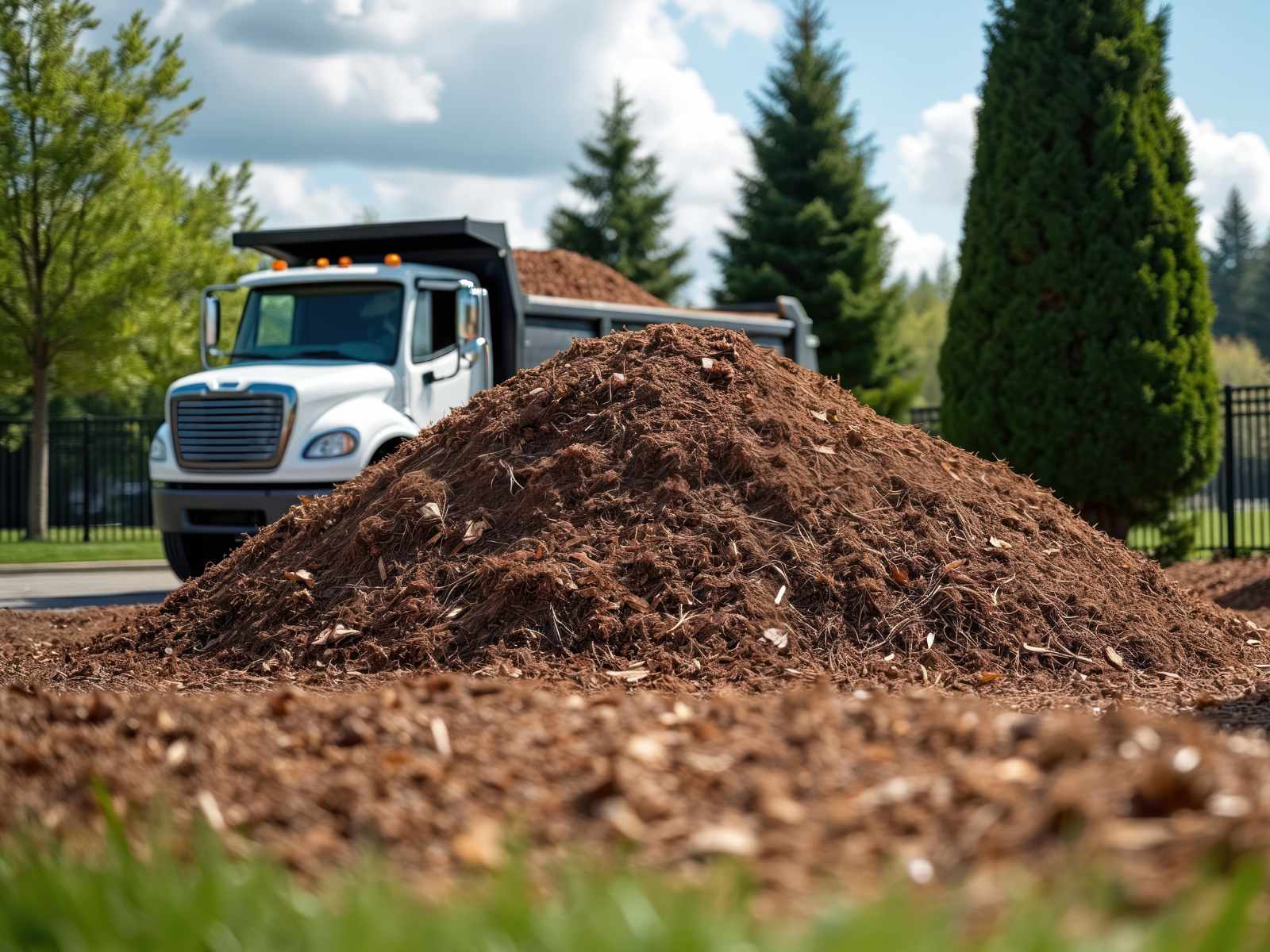 Large pile of brown mulch in front of a white dump truck loaded with more mulch, surrounded by green trees and grass.