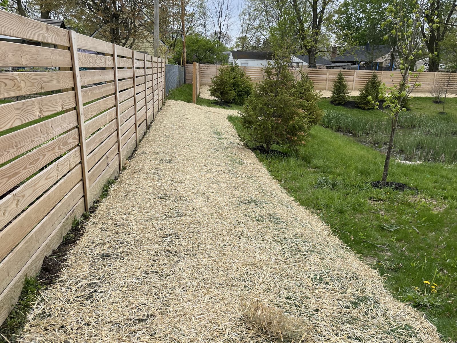 A garden area with a wooden fence on the left, a straw-covered path in the center, and green grass with small trees on the right.