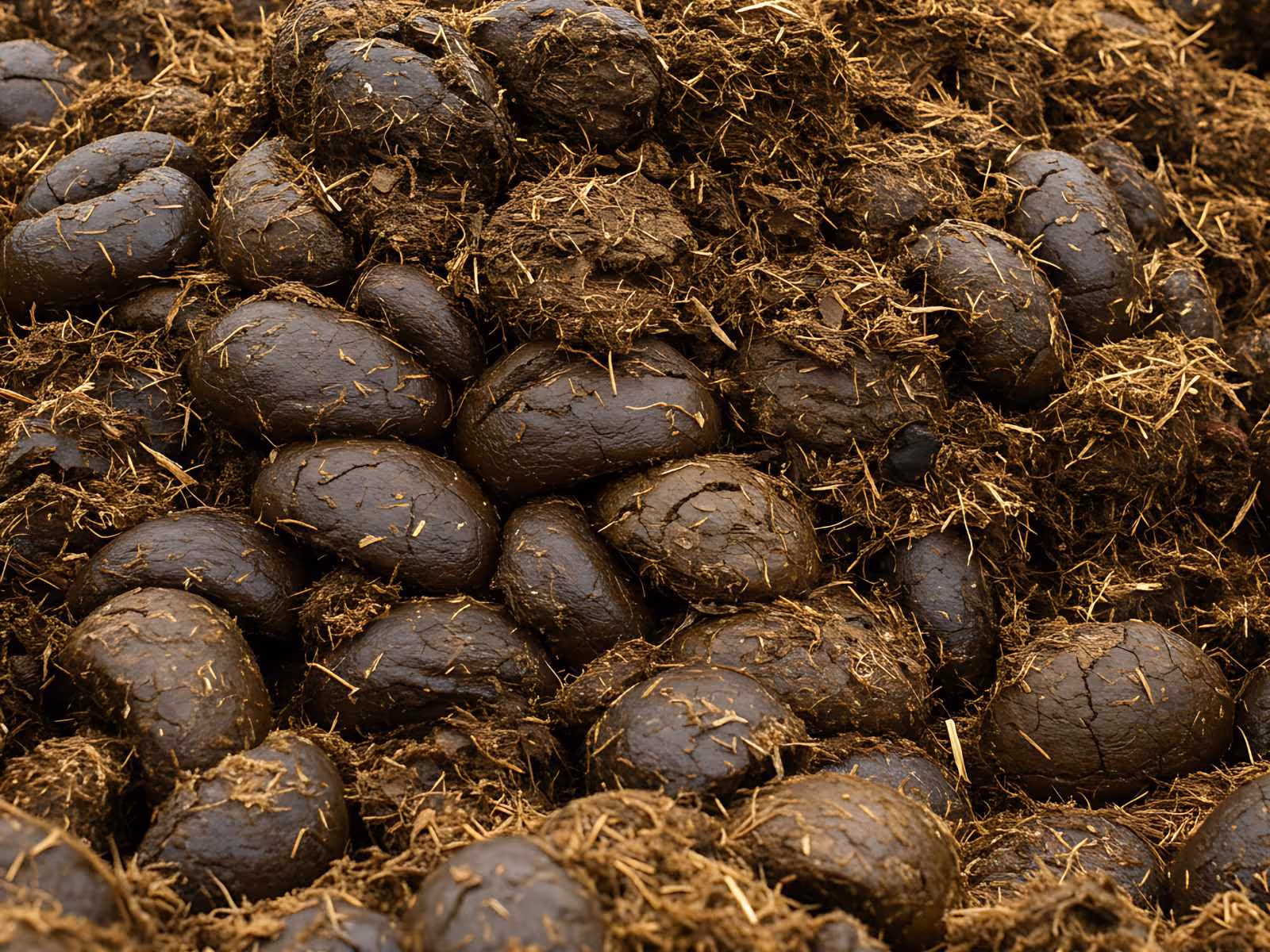Close-up of moist, dark brown cow manure clumps mixed with straw.