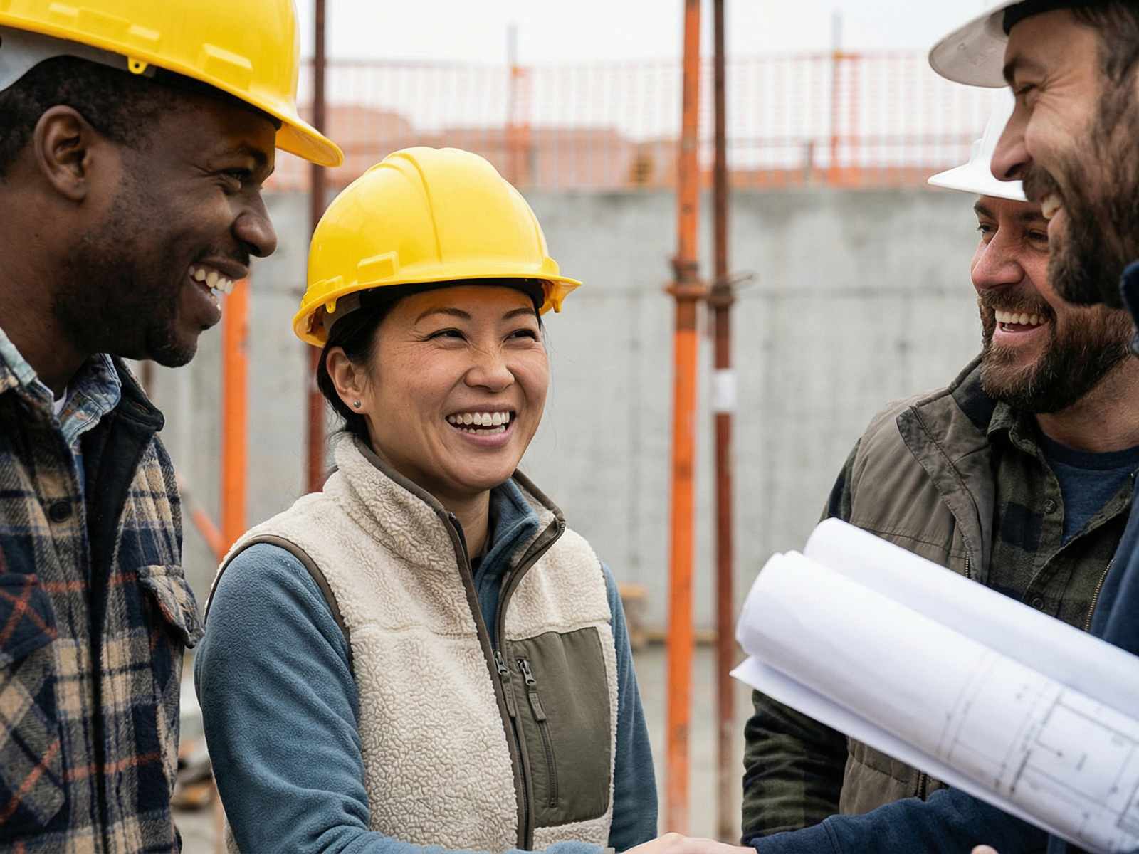 Four construction workers wearing hard hats smiling and discussing blueprints at a construction site.