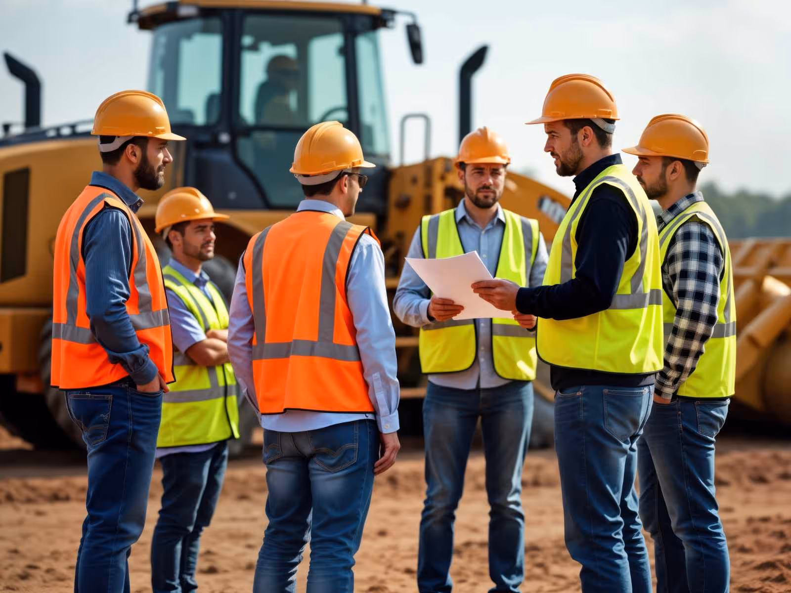 Group of six construction workers wearing orange and yellow safety vests and helmets discussing plans at a construction site with heavy machinery in the background.
