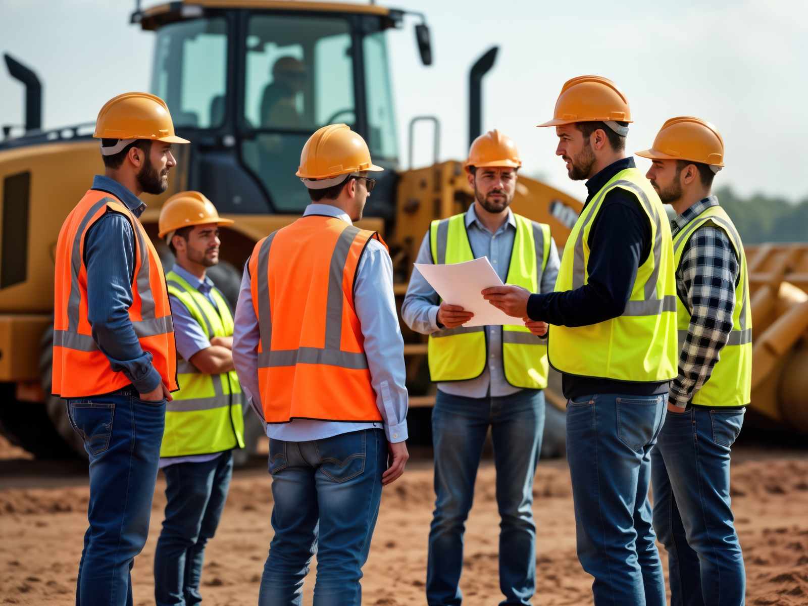 Group of six construction workers wearing orange and yellow safety vests and helmets discussing plans at a construction site with heavy machinery in the background.