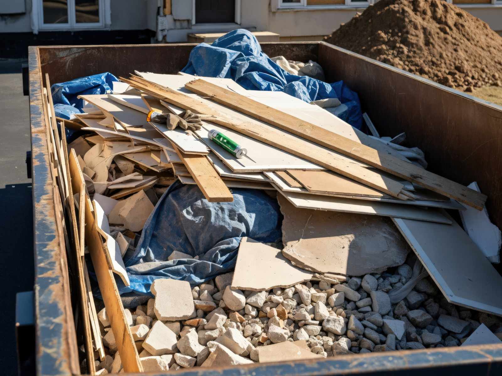 Construction dumpster filled with broken drywall, wooden planks, rubble, a blue tarp, work gloves, and a caulking gun.