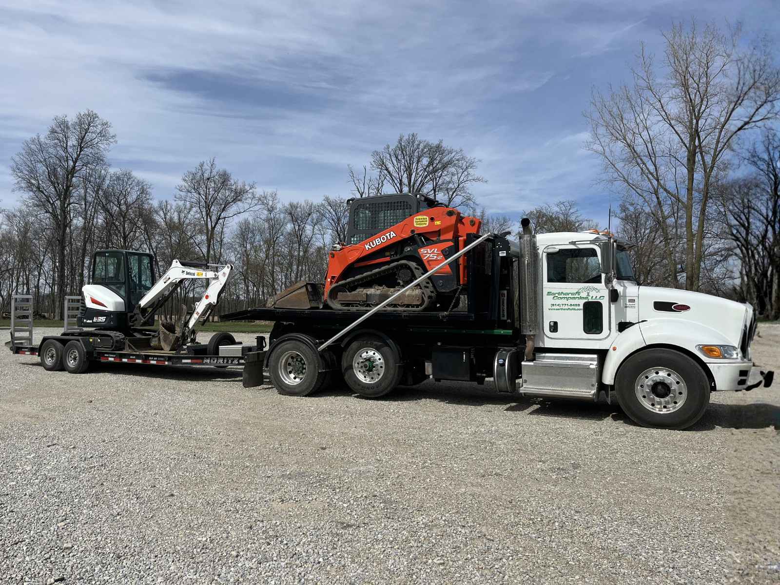 Seven men standing in a row on gravel in front of a white truck loaded with construction equipment on a sunny day.