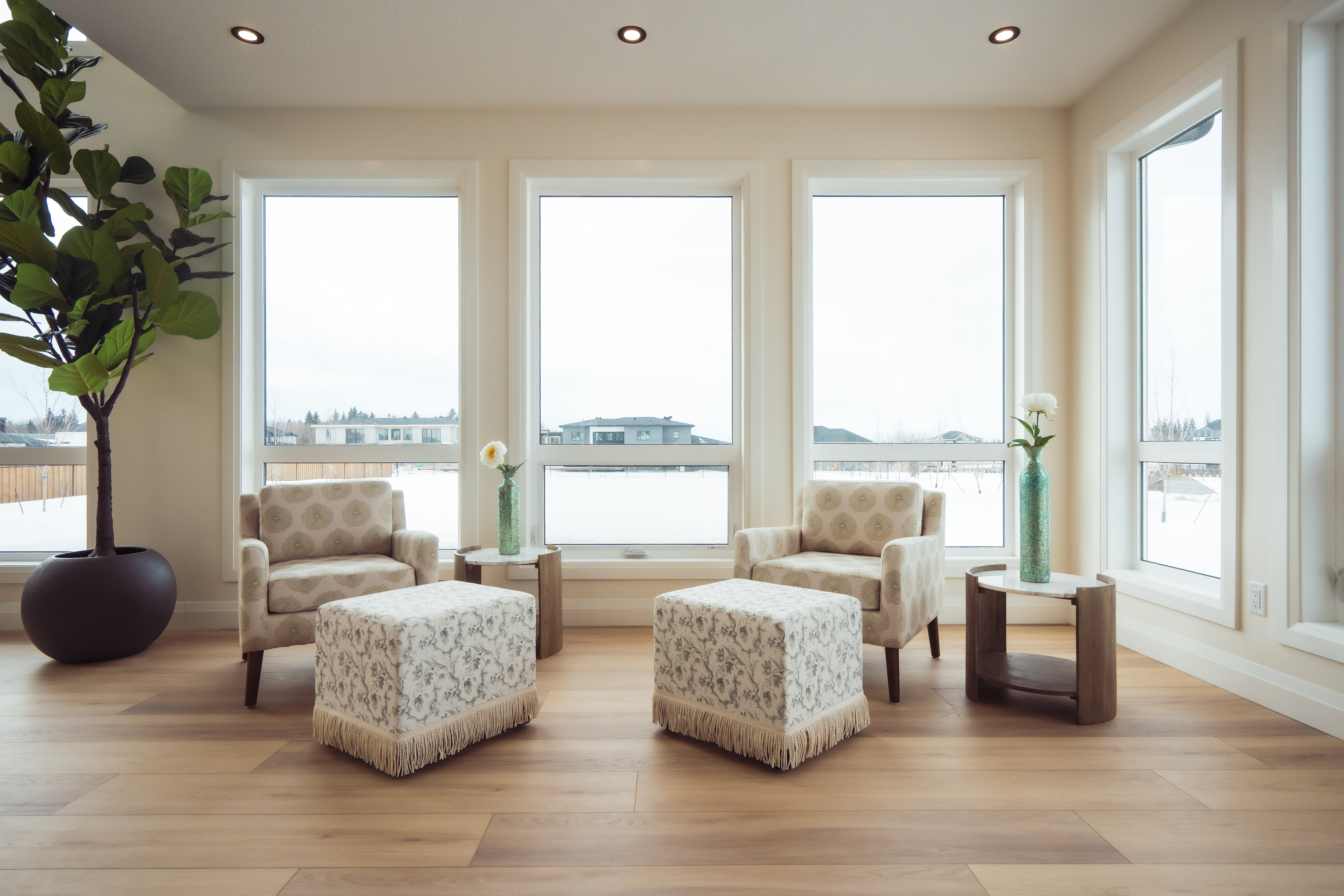 किनारामा हरियो झाउरो भएको रुने र सबैभन्दा बाहिरी तर्फको भागमा सेतो फूल राखिएको हरियो भाँडा, दुई बुटेका सिट र साना कप्रा ओढिएको दुई स्टूल सहितको चमिलो भुइँ भएको कोठा ।