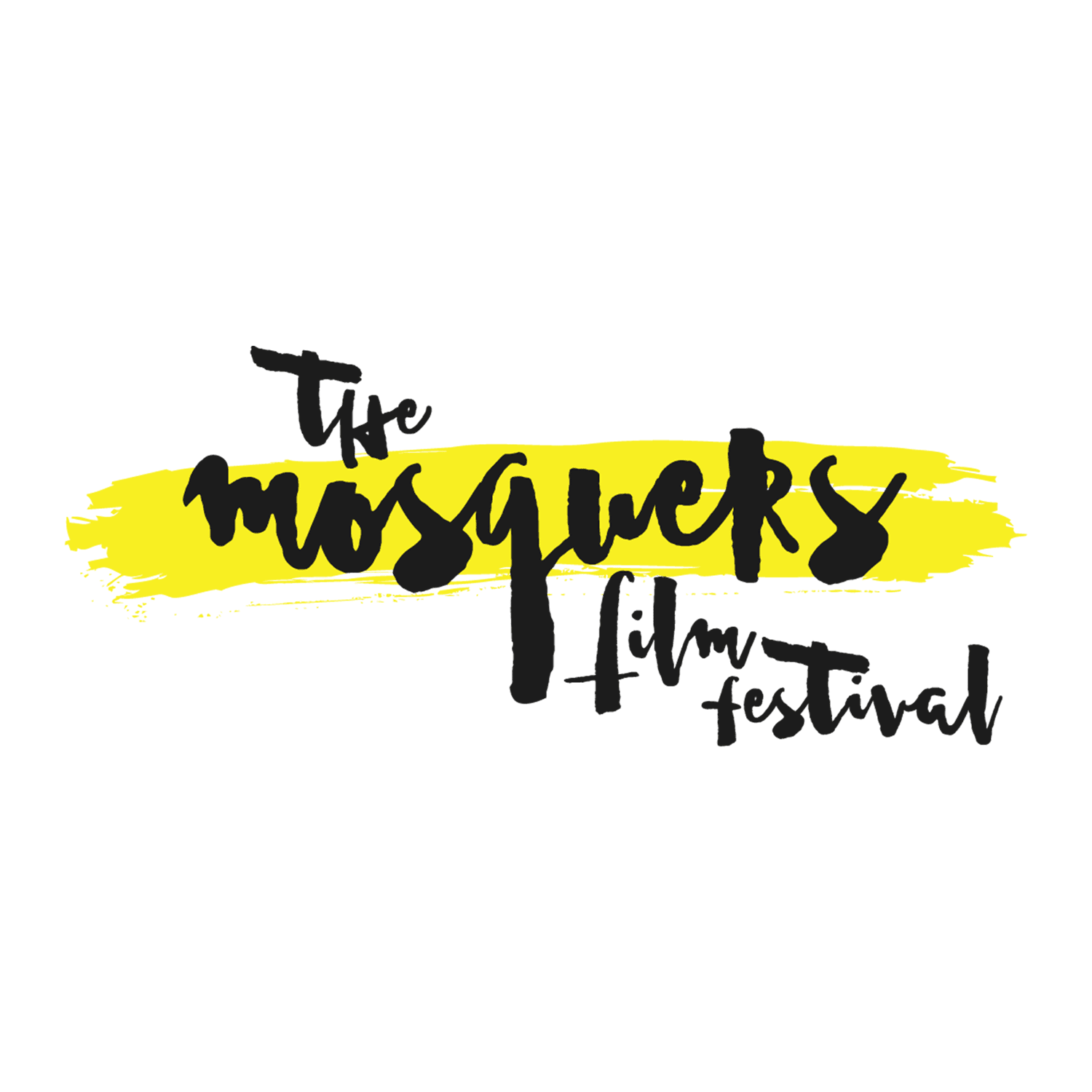 Logo for The Mosquers film festival with black text over a yellow brushstroke background.