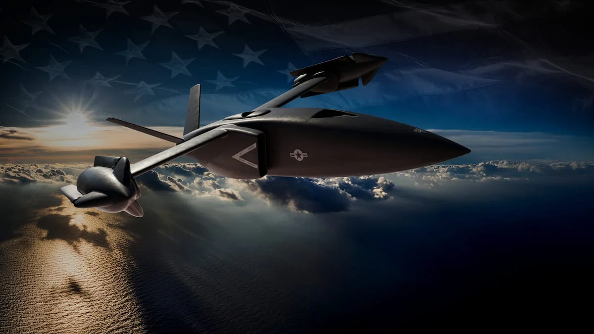 Stealthy aircraft concept design soaring above clouds with an American flag backdrop.
