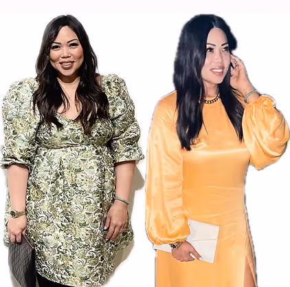 Two women standing side by side; one in a green patterned dress with puff sleeves, the other in a yellow dress holding a white clutch.