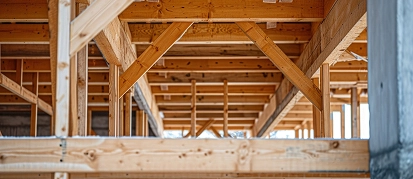 Wood structural framing with roof trusses and wall studs