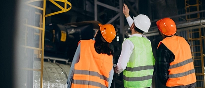 Construction crew in hard hats and safety vests at a job site