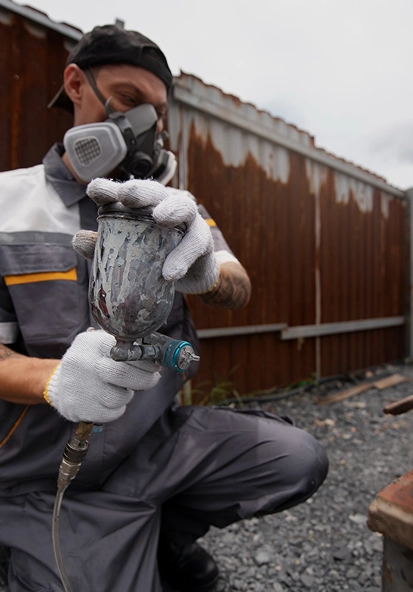 Worker in respirator removing asbestos