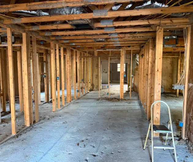 Interior wall framing at a construction site