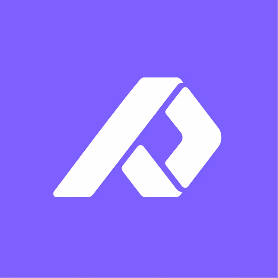 White abstract geometric logo with angular shapes on a purple background.