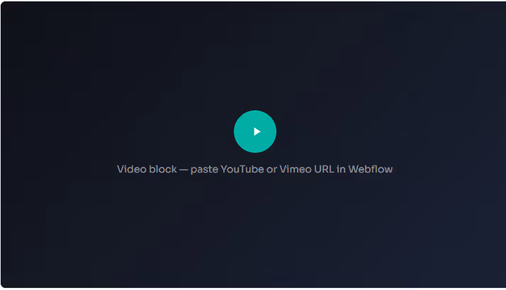 Video player placeholder with a play button and instructions to paste YouTube or Vimeo URL.