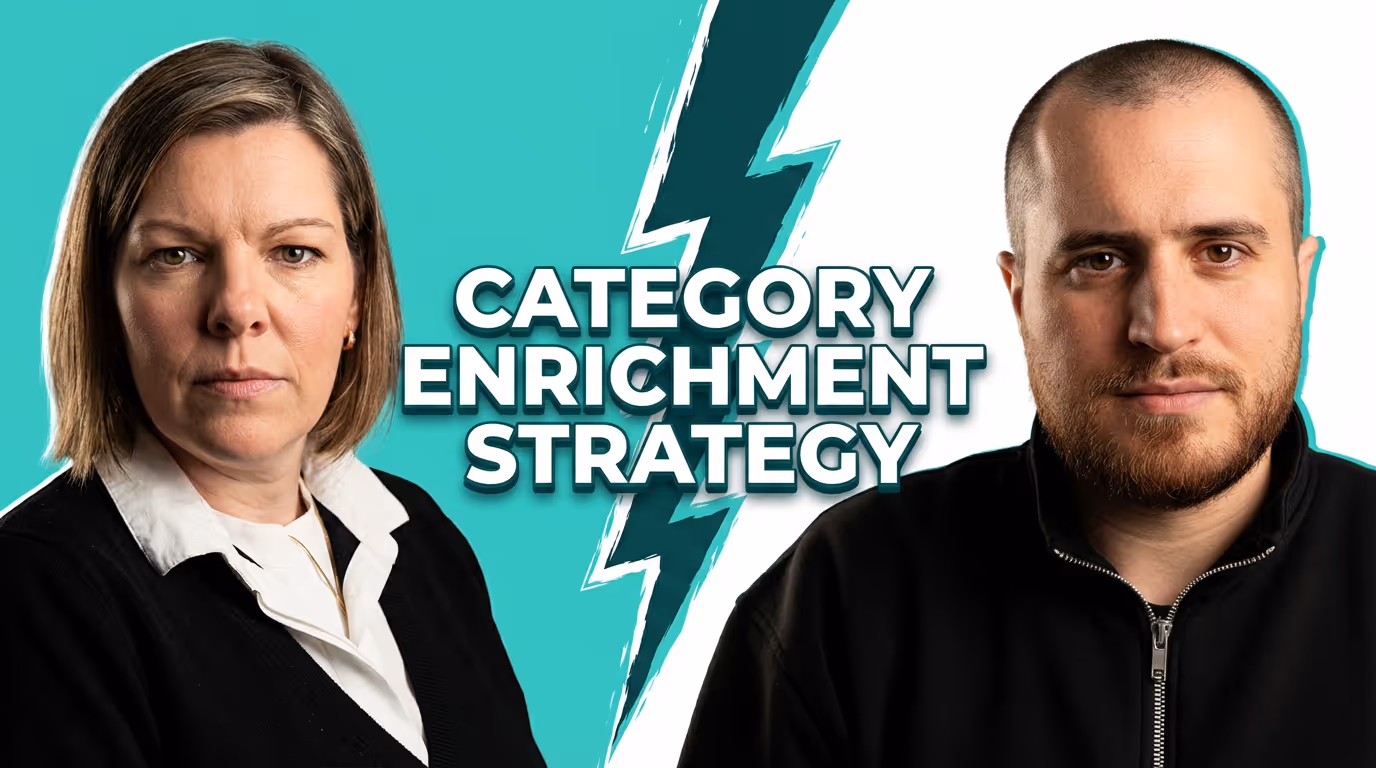 Portraits of a serious woman and man separated by a teal background with a lightning bolt and the text 'Category Enrichment Strategy'.