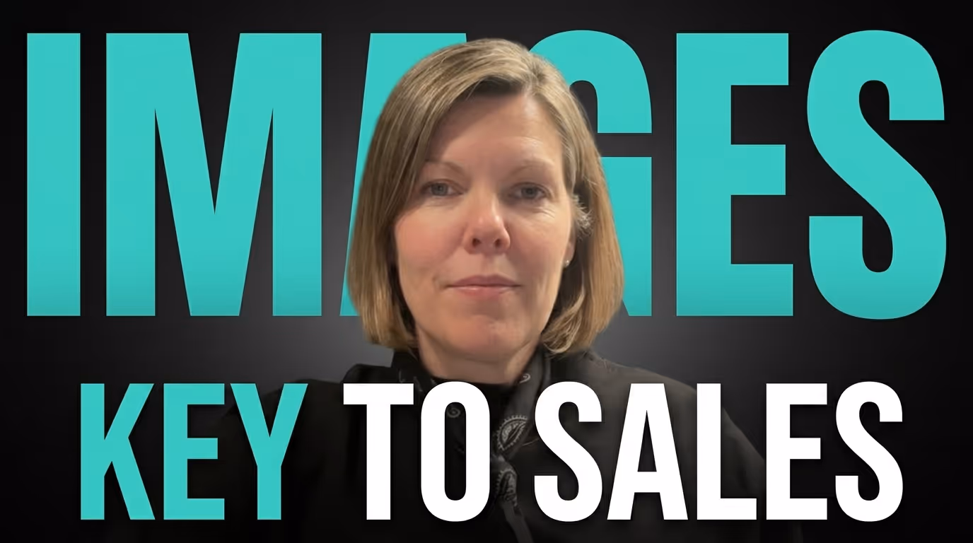 Portrait of a woman with short hair in front of large text reading 'IMAGES KEY TO SALES'.