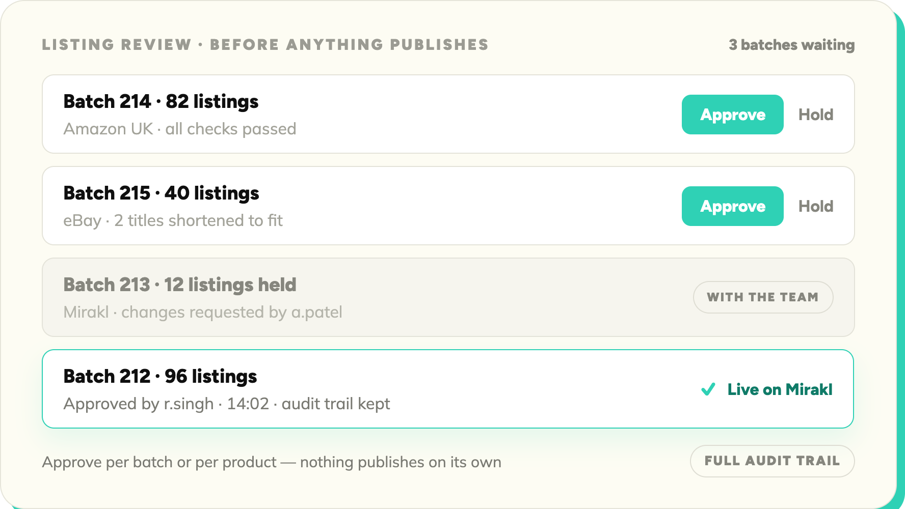 SKULaunch approvals workflow — supplier submissions pending review with approve, reject, and pending status