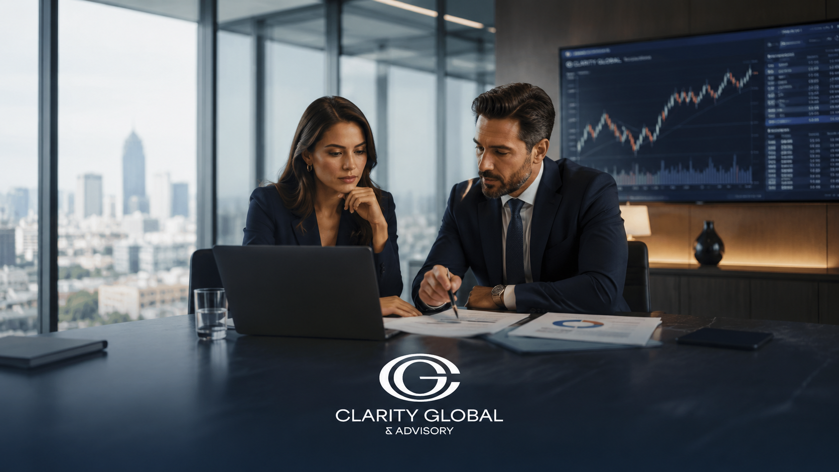 Executivo brasileiro analisando estratégia de investimento internacional em ambiente corporativo moderno, representando planejamento, clareza e expansão para os Estados Unidos.