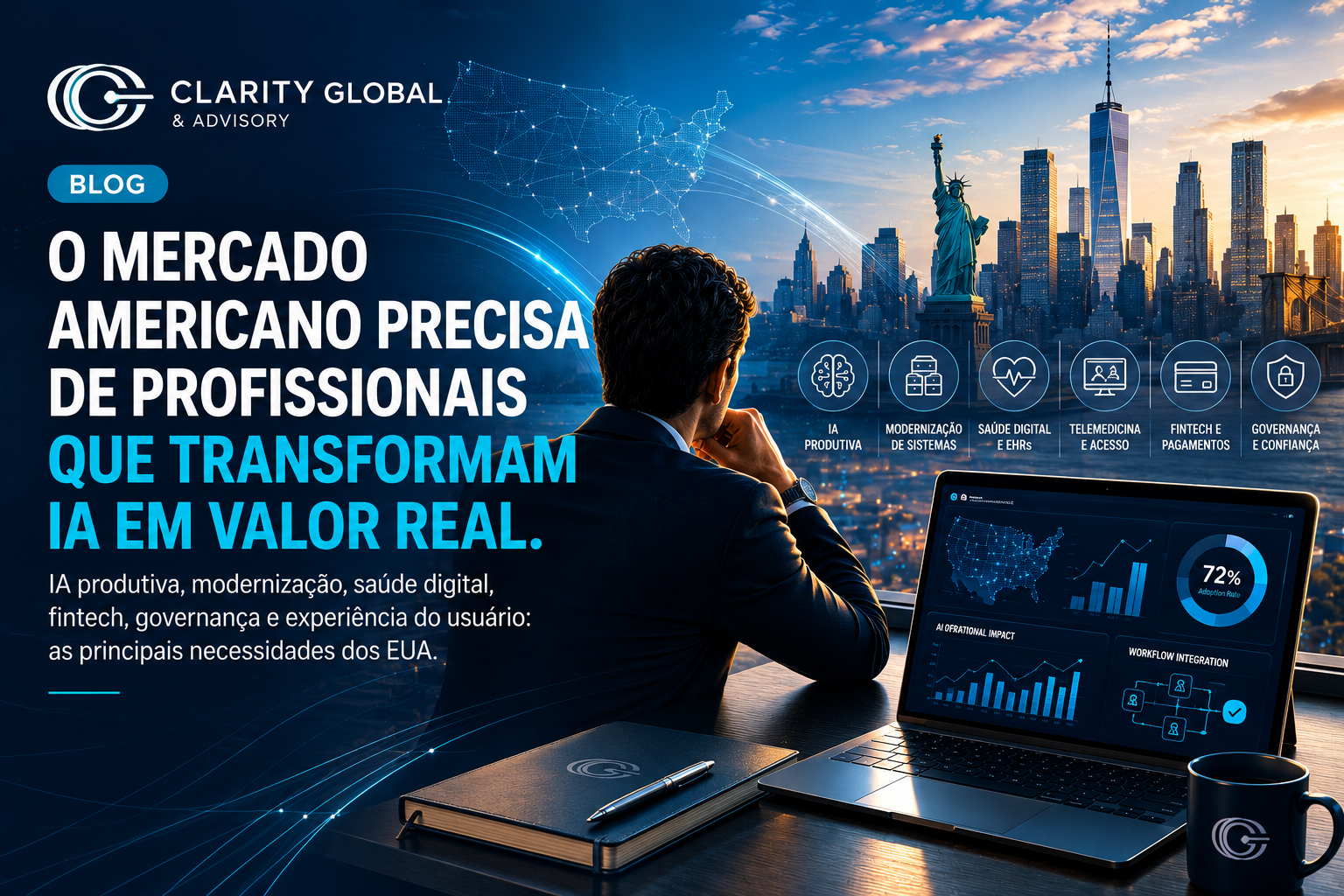 Close-up de uma tela com elementos de UX, nós de IA, fluxos de trabalho digitais e símbolo discreto da Clarity sobre superfície azul-marinho.