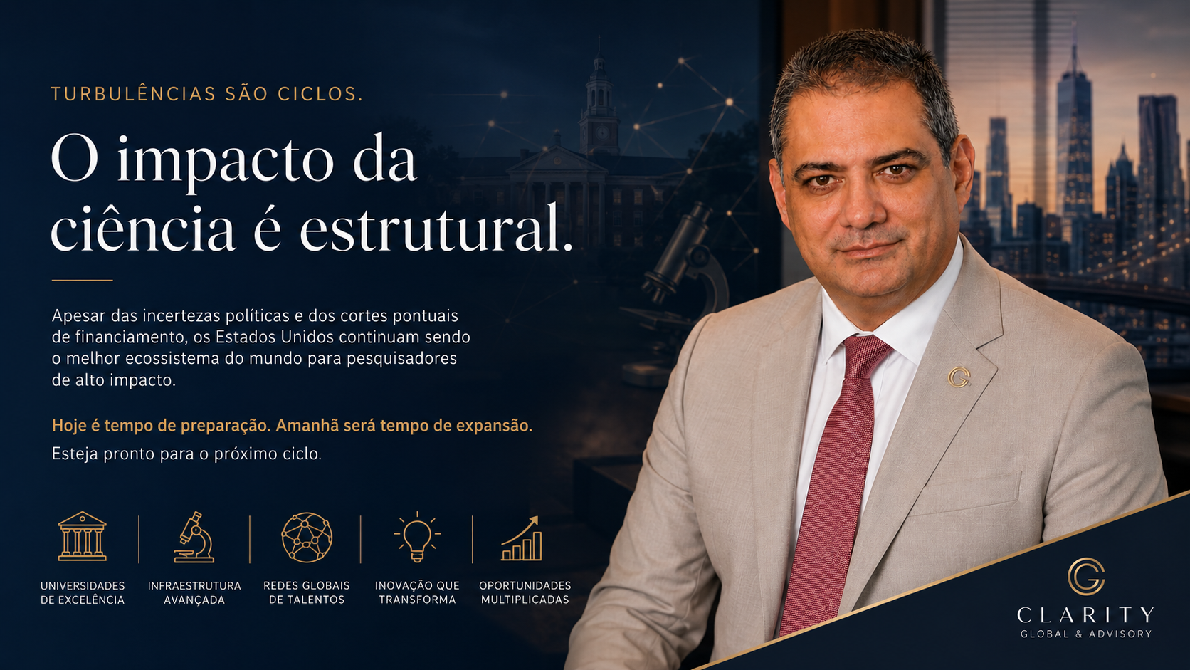 Arte institucional da Clarity Global & Advisory em tons de azul-marinho e dourado. À direita, André Soares, CEO da Clarity Global & Advisory, aparece de terno claro, camisa branca e gravata vermelha, em ambiente corporativo com vista urbana ao fundo. À esquerda, o texto destaca: “Turbulências são ciclos. O impacto da ciência é estrutural.” A peça afirma que, apesar das incertezas políticas e dos cortes pontuais de financiamento, os Estados Unidos continuam sendo um ecossistema relevante para pesquisadores de alto impacto. Na parte inferior, ícones representam universidades de excelência, infraestrutura avançada, redes globais de talentos, inovação transformadora e oportunidades multiplicadas. O logotipo da Clarity Global & Advisory aparece no canto inferior direito.