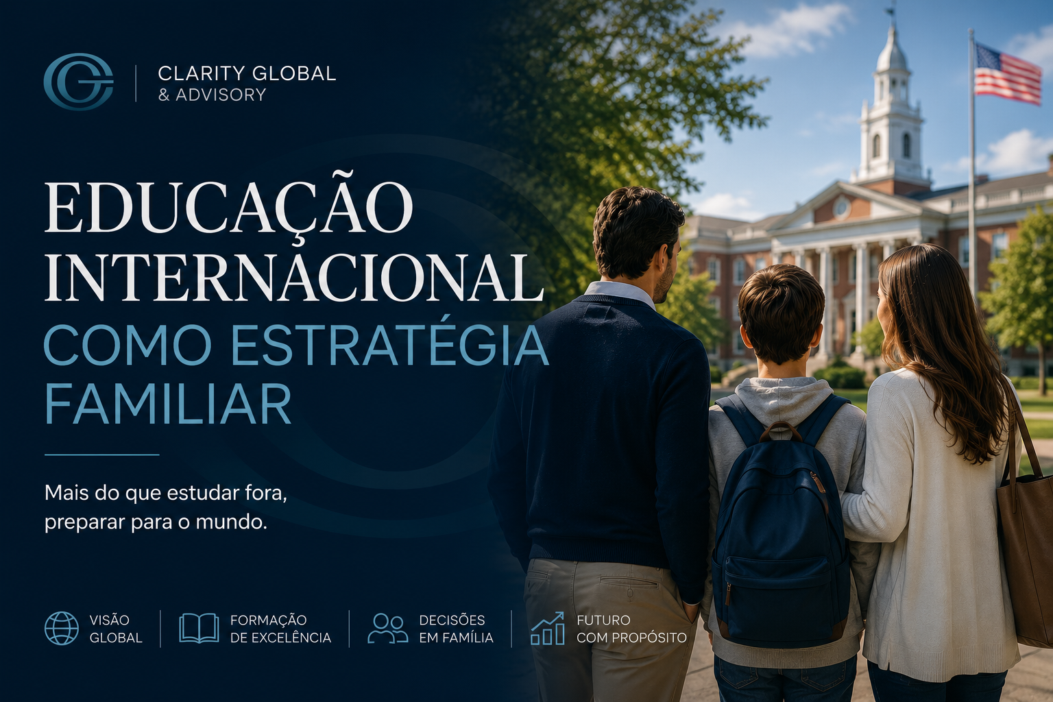 Miniatura do artigo sobre educação internacional como estratégia familiar, mostrando uma família brasileira diante de um campus universitário americano, com identidade visual discreta da Clarity Global & Advisory e foco em futuro, planejamento e formação global dos filhos.