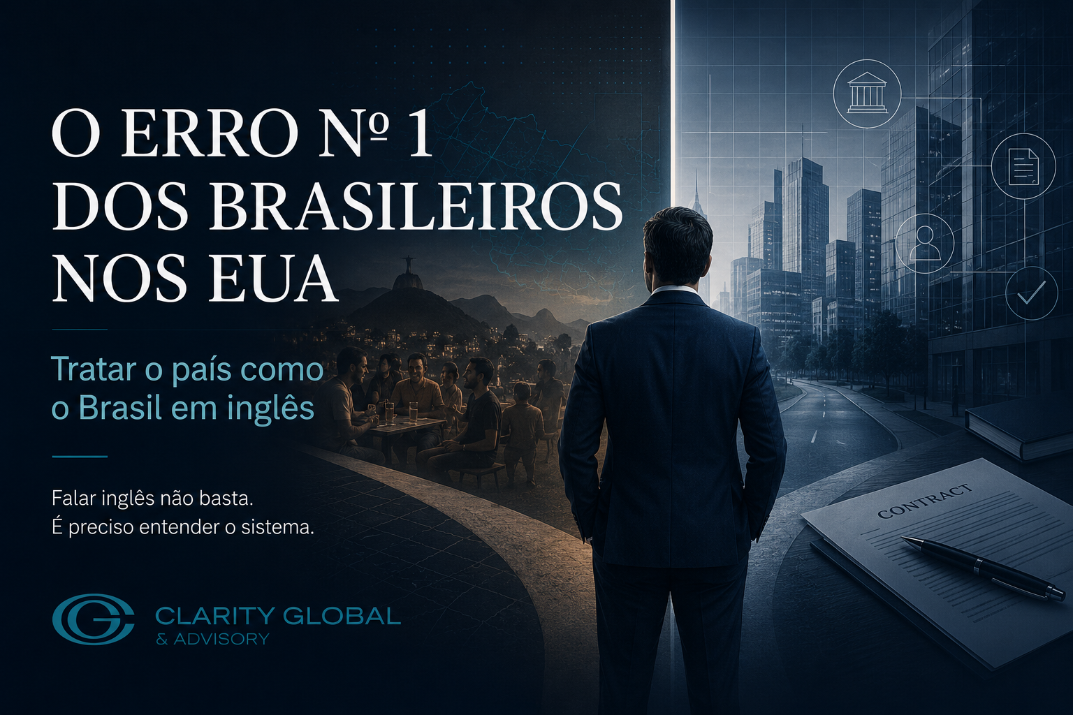 Imagem institucional da Clarity Global & Advisory mostrando um profissional diante de dois ambientes simbólicos: de um lado, referências brasileiras e comunitárias; de outro, estruturas americanas ligadas a contratos, instituições, documentação e vida profissional, representando o erro de tratar os Estados Unidos como o Brasil em inglês.