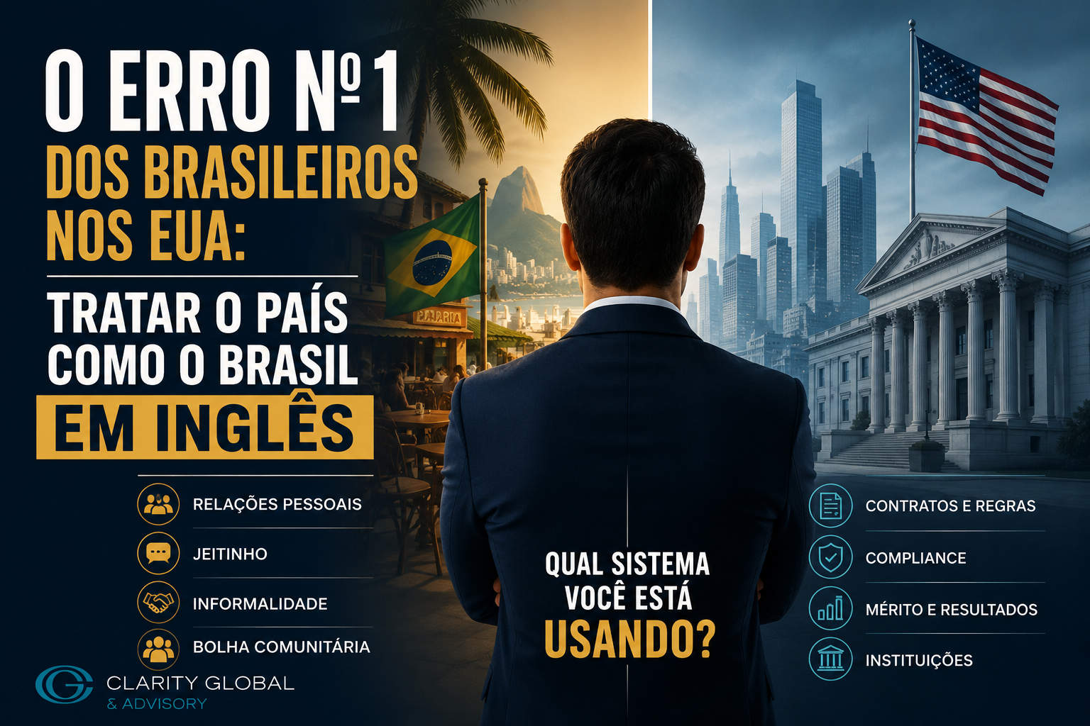 Imagem em formato thumbnail da Clarity Global & Advisory mostrando um profissional diante de dois ambientes simbólicos: referências brasileiras baseadas em relações pessoais, informalidade e bolha comunitária, em contraste com estruturas americanas associadas a contratos, compliance, mérito, resultados e instituições.