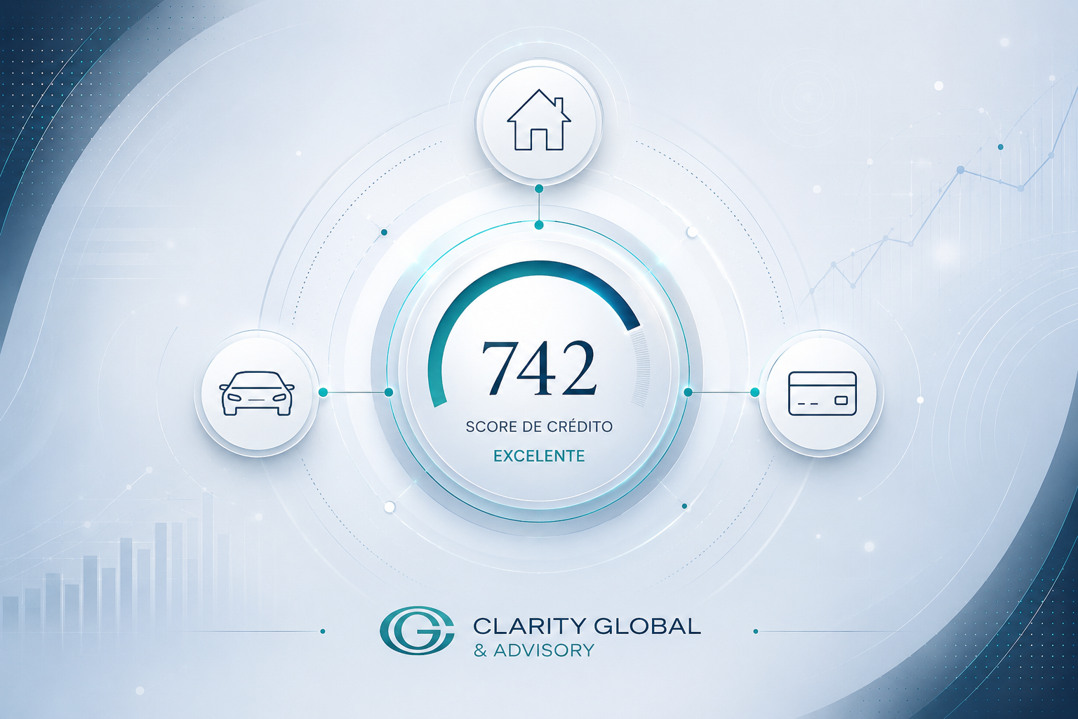 Imagem institucional em fundo claro azul e branco mostrando um painel digital de credit score com pontuação 742 conectada a ícones de casa, carro e cartão de crédito, representando a importância do histórico financeiro para moradia, mobilidade e acesso a crédito nos Estados Unidos.