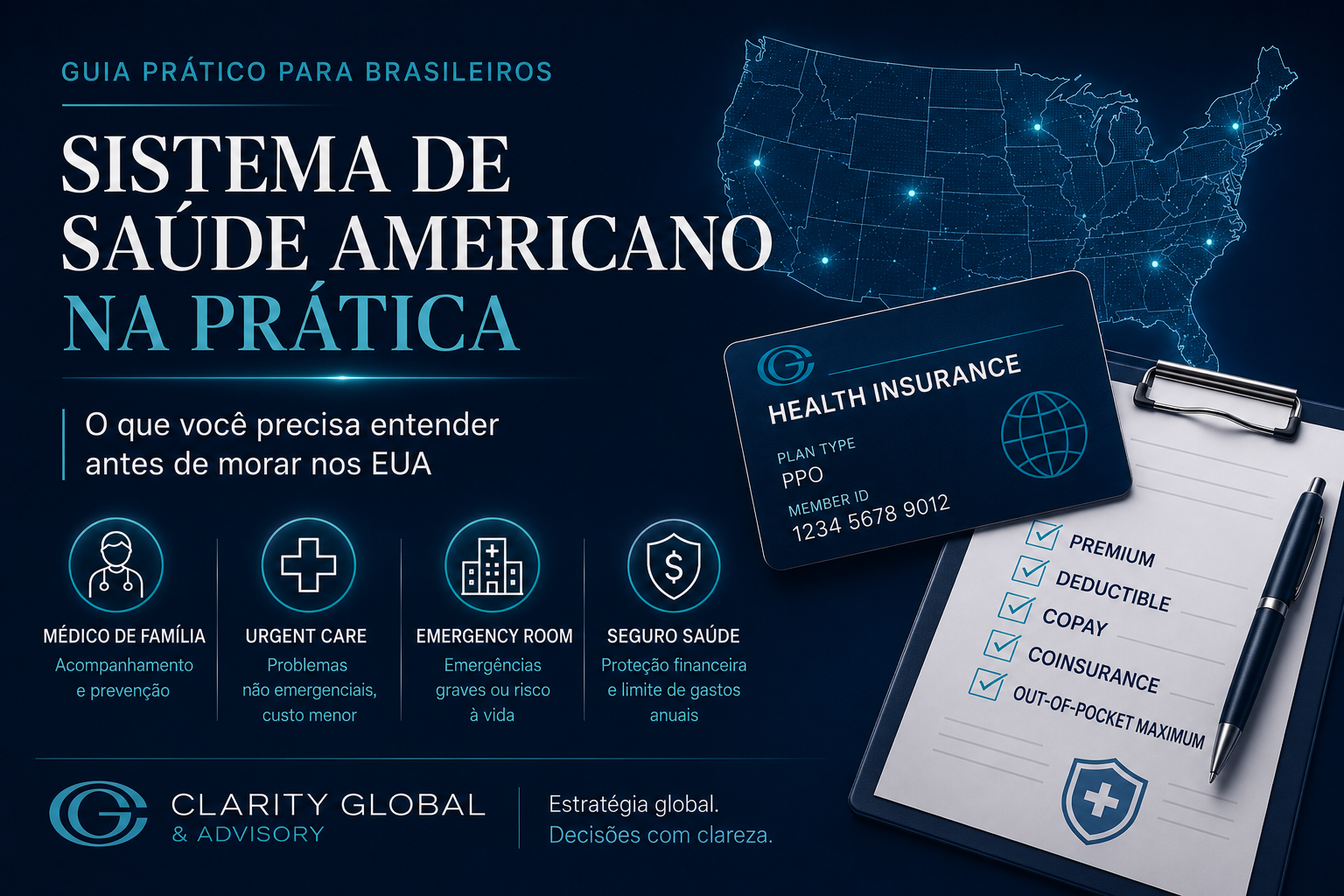 Imagem institucional da Clarity Global & Advisory sobre o sistema de saúde americano, com mapa dos Estados Unidos, cartão de seguro saúde, checklist de termos essenciais e ícones de médico de família, urgent care, emergency room e proteção financeira.