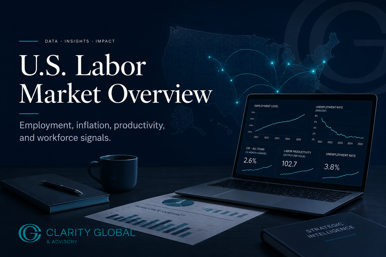 Imagem editorial da Clarity Global & Advisory com mapa dos Estados Unidos, dashboard de dados do mercado de trabalho, gráficos econômicos e ambiente executivo, representando o uso de indicadores do BLS para análise estratégica antes de investir ou planejar uma mudança para os EUA.