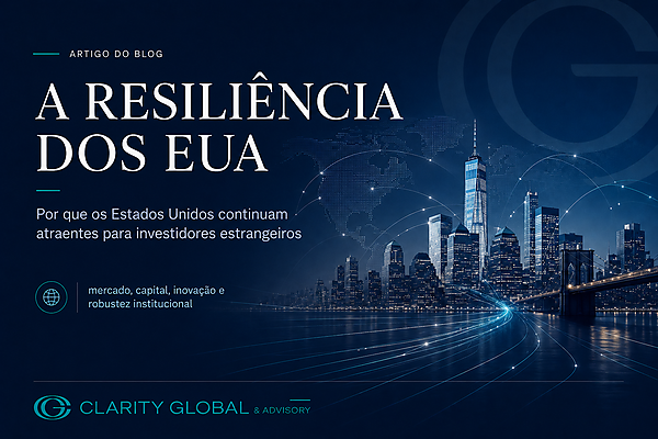 Thumbnail editorial em tons de azul escuro com skyline financeiro dos EUA, mapa global e linhas de conexão, representando a resiliência americana e a atração de capital estrangeiro.