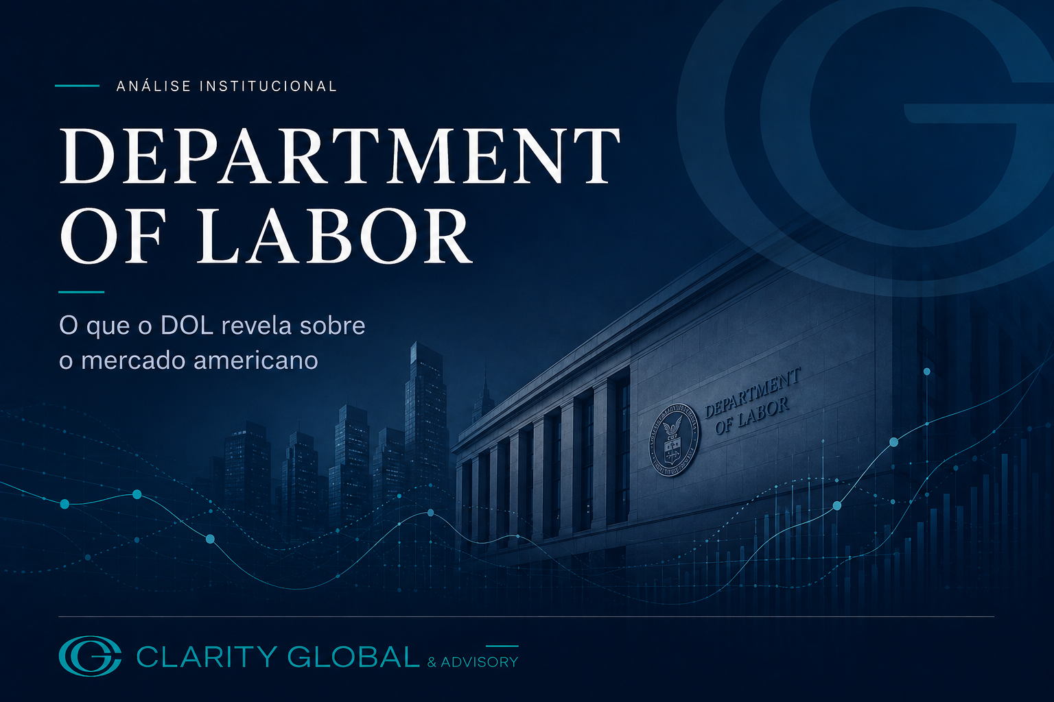 Imagem institucional sobre o Department of Labor, com arquitetura governamental, skyline e dados do mercado de trabalho americano.