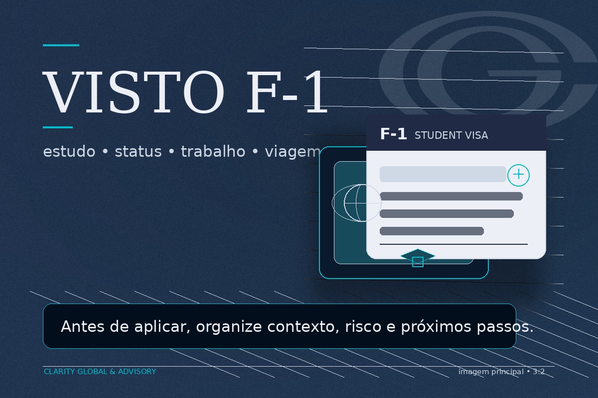Imagem editorial premium sobre visto F-1, com documento de estudante, passaporte e composição institucional em tons escuros, representando planejamento estratégico antes de estudar nos Estados Unidos.