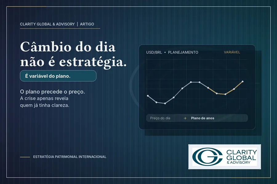 Imagem editorial em azul profundo com a frase “Câmbio do dia não é estratégia”, gráfico cambial discreto e assinatura visual da Clarity Global & Advisory, representando a importância de tratar o dólar como variável de planejamento patrimonial, não como gatilho de decisão.