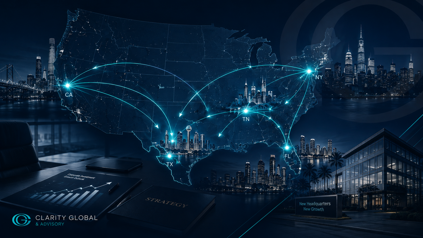 Imagem principal da Clarity Global & Advisory em tons de azul escuro e teal, mostrando um mapa dos Estados Unidos com fluxos luminosos de capital saindo da Califórnia e de Nova York em direção ao Texas, à Flórida e ao Tennessee. A composição inclui skylines corporativos, escritório executivo, gráficos financeiros e a marca da Clarity, representando a migração corporativa americana, a formação de novos hubs econômicos e o deslocamento estratégico de empresas, talentos e investimentos para o Sun Belt.