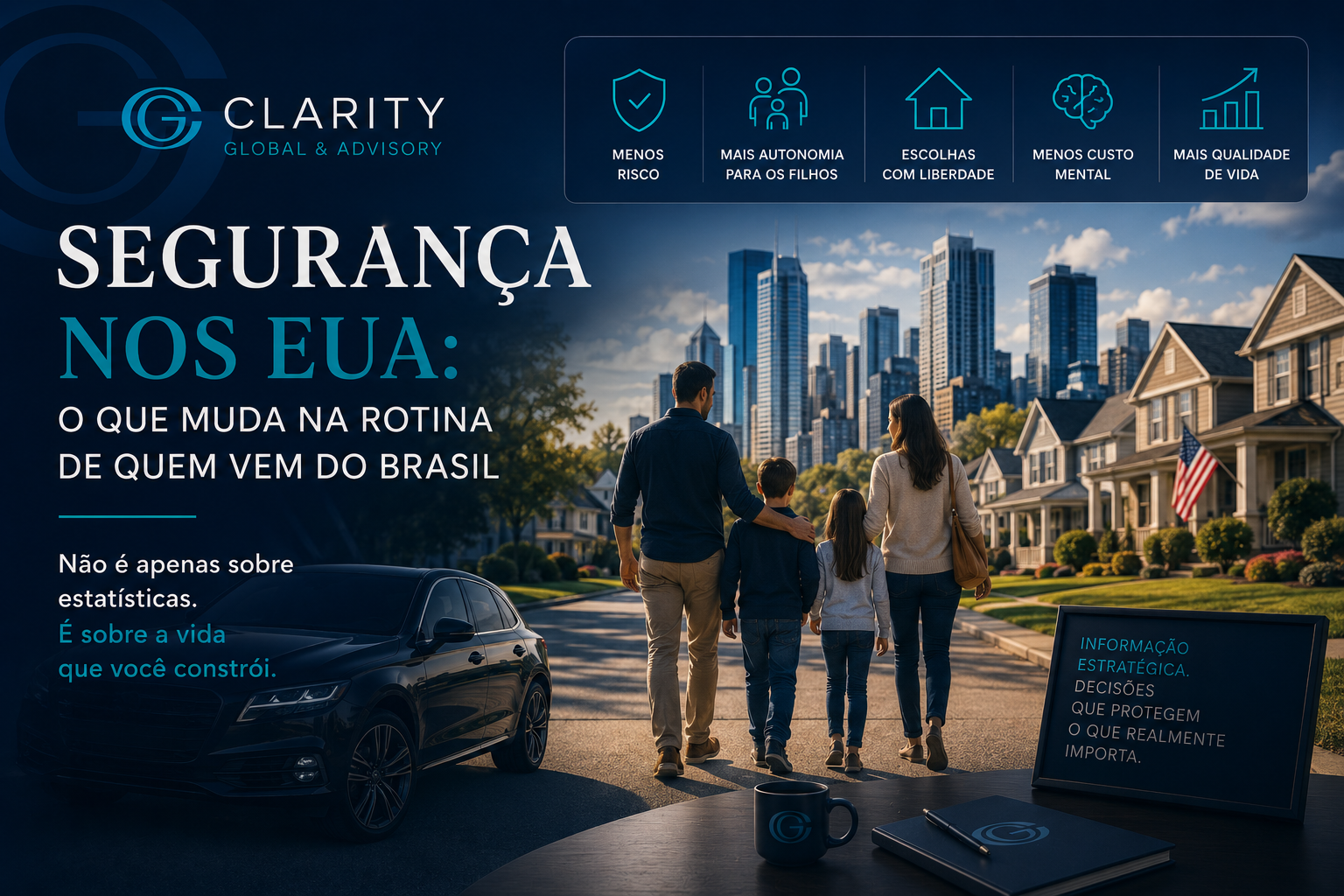 Imagem principal da Clarity Global & Advisory sobre segurança nos EUA para brasileiros, em tons de azul escuro e teal. A cena mostra uma família caminhando em um bairro residencial americano, com casas, cidade ao fundo e elementos institucionais da Clarity. O texto destaca “Segurança nos EUA: o que muda na rotina de quem vem do Brasil” e reforça que o tema não é apenas sobre estatísticas, mas sobre rotina, autonomia dos filhos, menor custo mental e qualidade de vida.