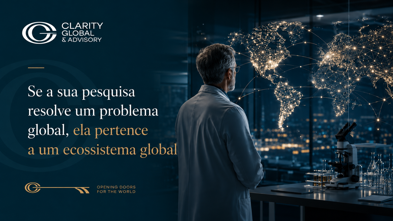 Pesquisador sênior observa mapa global conectado em laboratório, simbolizando financiamento internacional de pesquisa e colaboração científica.